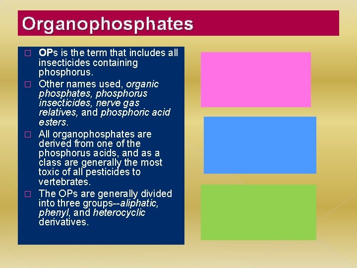 Organophosphates OPs is the term that includes all insecticides containing phosphorus. � Other names