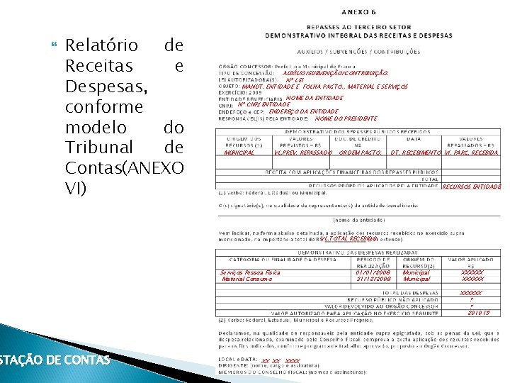  Relatório de Receitas e Despesas, conforme modelo do Tribunal de Contas(ANEXO VI) STAÇÃO