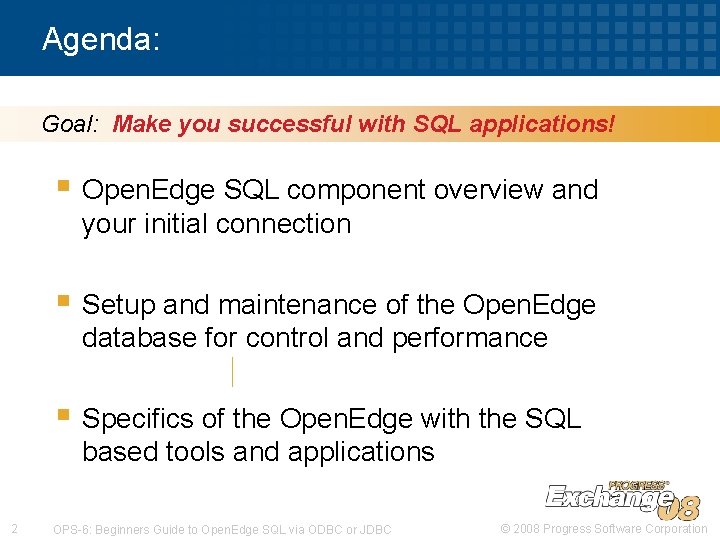 Agenda: Goal: Make you successful with SQL applications! § Open. Edge SQL component overview Agenda: Goal: Make you successful with SQL applications! § Open. Edge SQL component overview