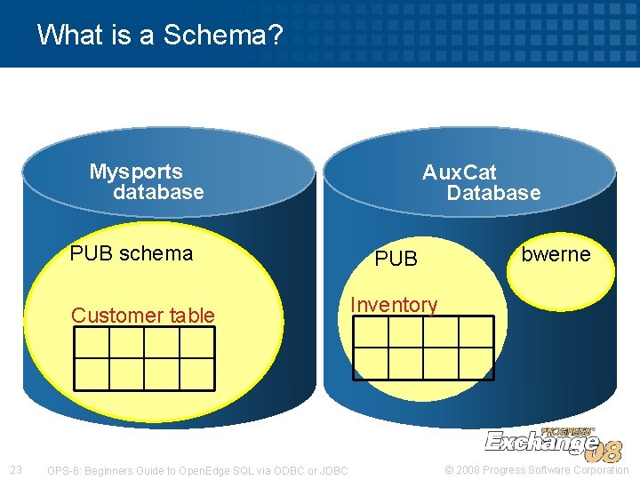 What is a Schema? Mysports database PUB schema Customer table 23 OPS-6: Beginners Guide What is a Schema? Mysports database PUB schema Customer table 23 OPS-6: Beginners Guide