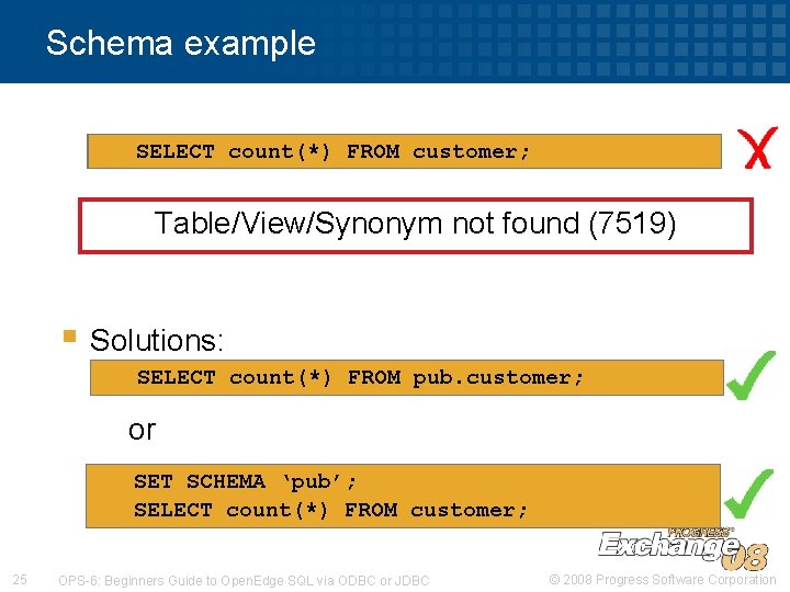 Schema example SELECT count(*) FROM customer; Table/View/Synonym not found (7519) § Solutions: SELECT count(*) Schema example SELECT count(*) FROM customer; Table/View/Synonym not found (7519) § Solutions: SELECT count(*)