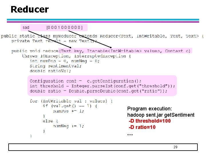 Reducer sad [0 0 0 1 0 0 0 ] Program execution: hadoop sent.