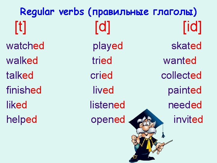 Regular verbs (правильные глаголы) [t] watched walked talked finished liked helped [d] played tried