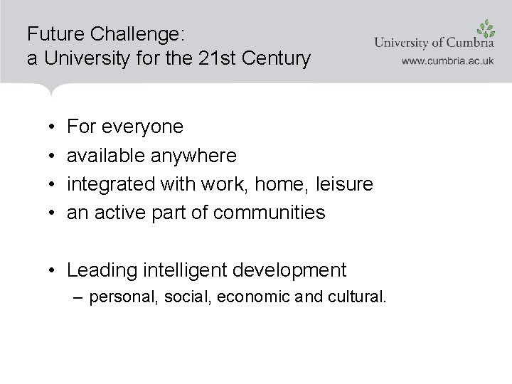 Future Challenge: a University for the 21 st Century • • For everyone available