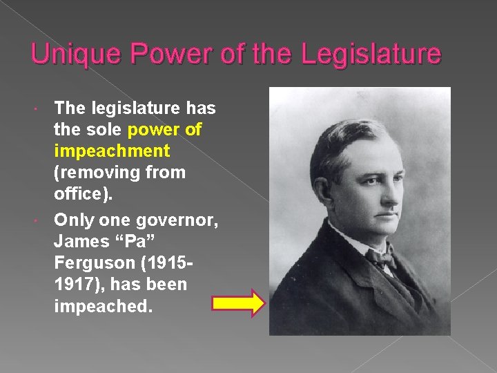 Unique Power of the Legislature The legislature has the sole power of impeachment (removing