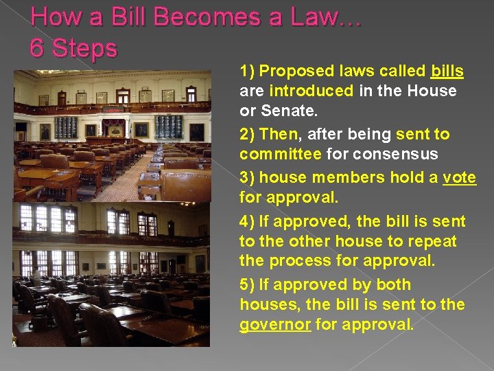 How a Bill Becomes a Law… 6 Steps 1) Proposed laws called bills are