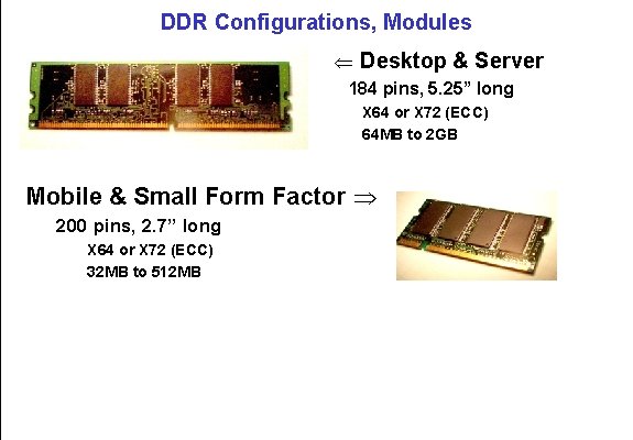 DDR Configurations, Modules Ü Desktop & Server 184 pins, 5. 25” long X 64