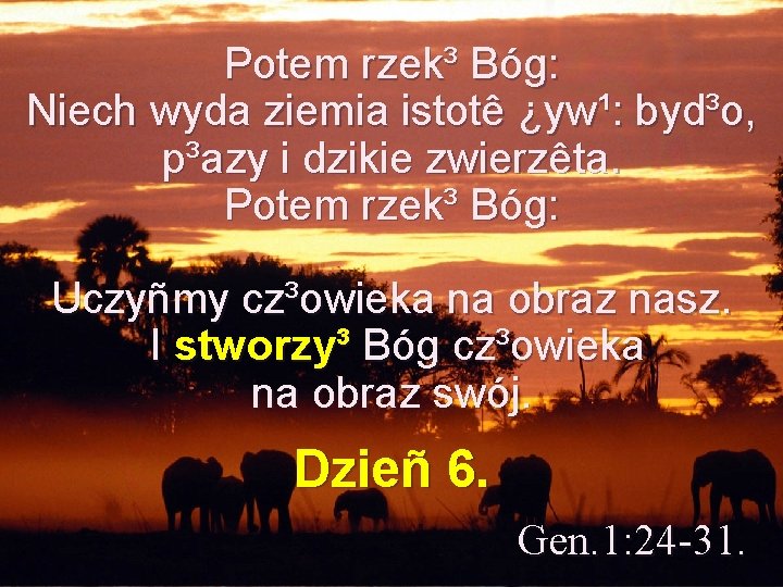 Potem rzek³ Bóg: Niech wyda ziemia istotê ¿yw¹: byd³o, p³azy i dzikie zwierzêta. Potem