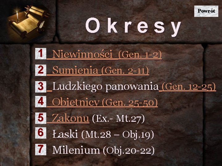 Powrót Okresy 1 Niewinności (Gen. 1 -2) 2 Sumienia (Gen. 2 -11) 3 Ludzkiego