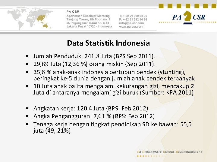 Data Statistik Indonesia • Jumlah Penduduk: 241, 8 Juta (BPS Sep 2011). • 29,