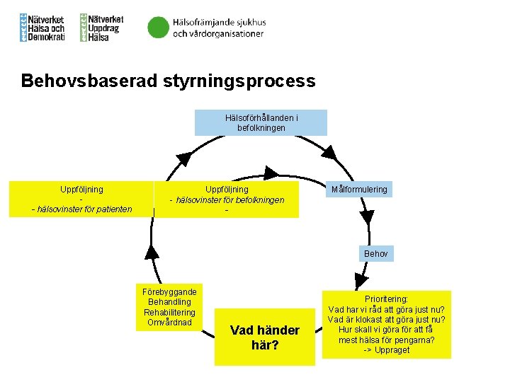 Behovsbaserad styrningsprocess Hälsoförhållanden i befolkningen Uppföljning - hälsovinster för patienten Uppföljning - hälsovinster för