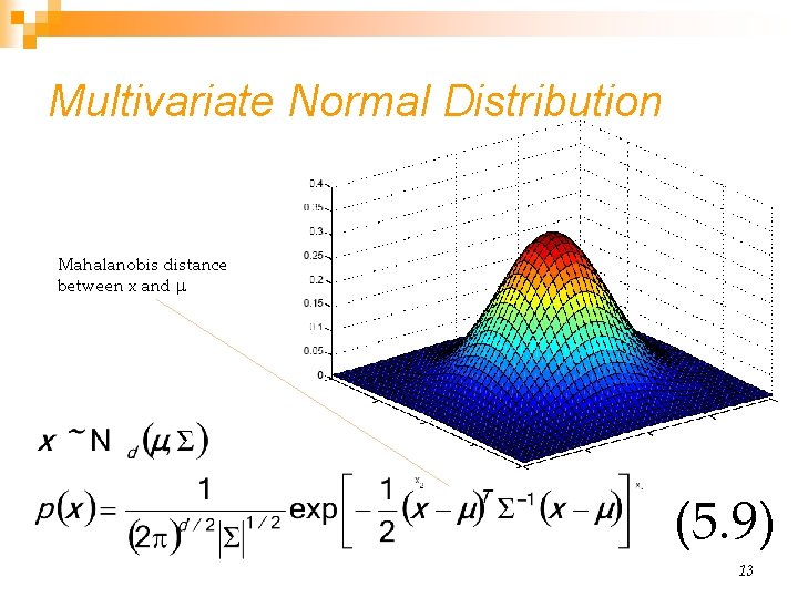 Multivariate Normal Distribution Mahalanobis distance between x and (5. 9) 13 