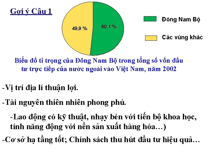 Gợi ý Câu 1 Đông Nam Bộ 49, 9 % 50, 1 % Các