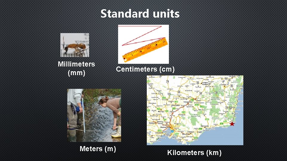 Standard units Millimeters (mm) Meters (m) Centimeters (cm) Kilometers (km) 