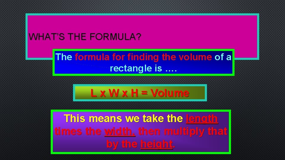 WHAT’S THE FORMULA? The formula for finding the volume of a rectangle is ….
