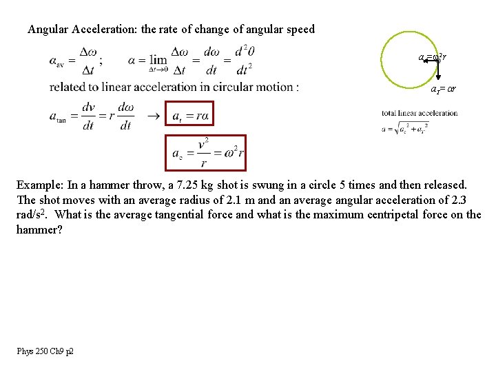 Angular Acceleration: the rate of change of angular speed ac=w 2 r a. T=ar