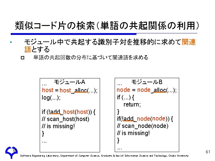 類似コード片の検索（単語の共起関係の利用） モジュール中で共起する識別子対を推移的に求めて関連 語とする • p 単語の共起回数の分布に基づいて関連語を求める . . . モジュールA host = host_alloc(. .