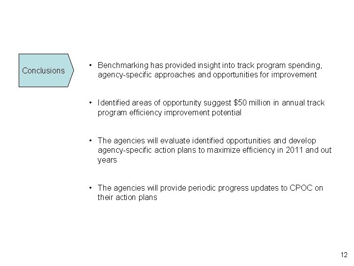 Conclusions • Benchmarking has provided insight into track program spending, agency-specific approaches and opportunities