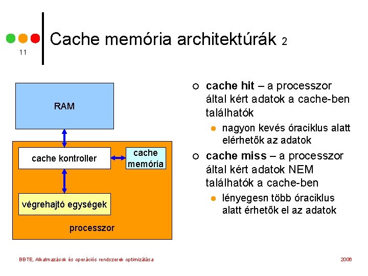 11 Cache memória architektúrák 2 ¢ RAM cache hit – a processzor által kért