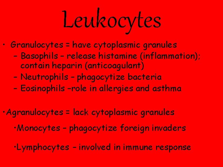 Leukocytes • Granulocytes = have cytoplasmic granules – Basophils – release histamine (inflammation); contain