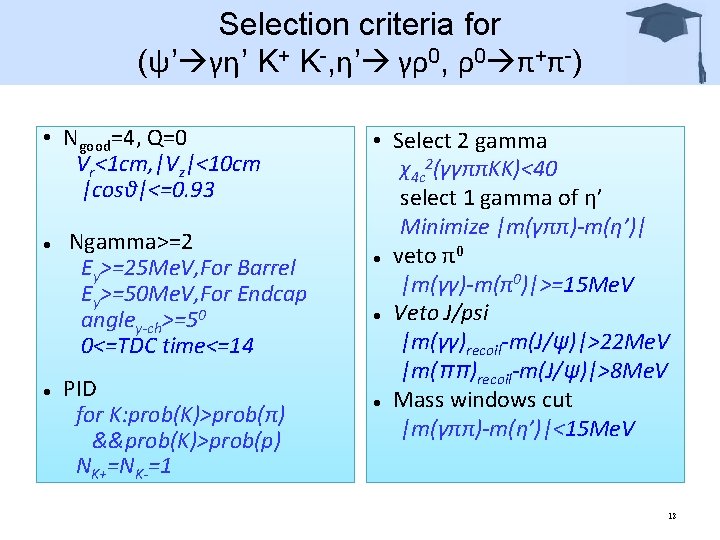 Selection criteria for (ψ’ γη’ K+ K-, η’ γρ0, ρ0 π+π-) • Ngood=4, Q=0