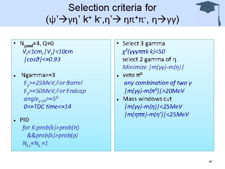 Selection criteria for (ψ’ γη’ k+ k-, η’ ηπ+π-, η γγ) • Ngood=4, Q=0