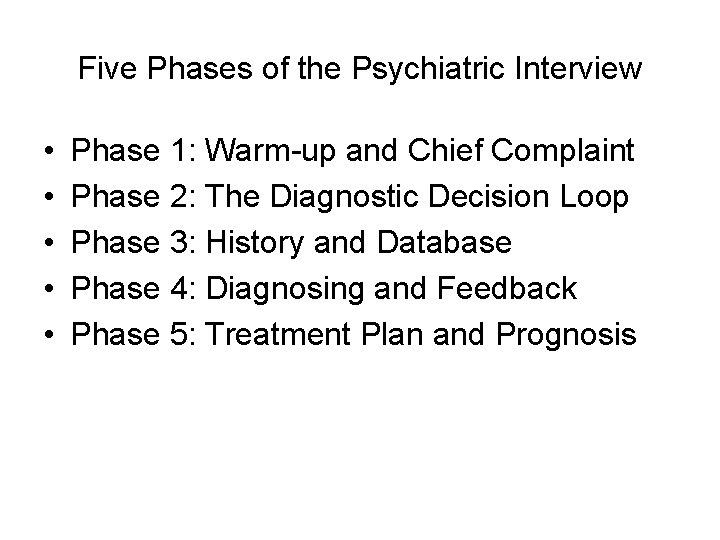 Five Phases of the Psychiatric Interview • • • Phase 1: Warm-up and Chief