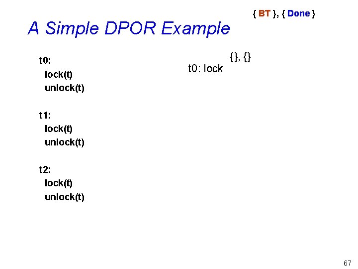 { BT }, { Done } A Simple DPOR Example t 0: lock(t) unlock(t)