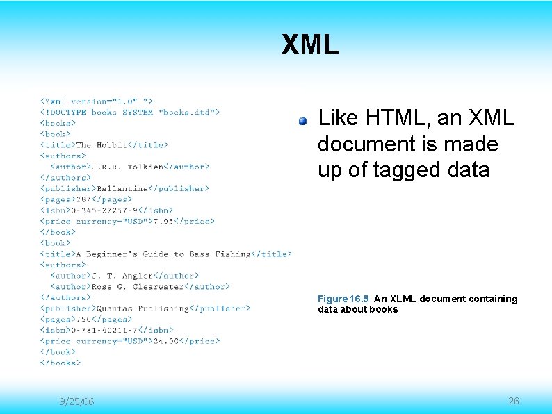 XML Like HTML, an XML document is made up of tagged data Figure 16. XML Like HTML, an XML document is made up of tagged data Figure 16.