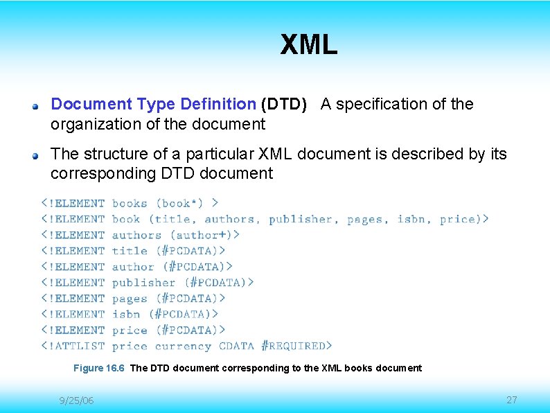 XML Document Type Definition (DTD) A specification of the organization of the document The XML Document Type Definition (DTD) A specification of the organization of the document The