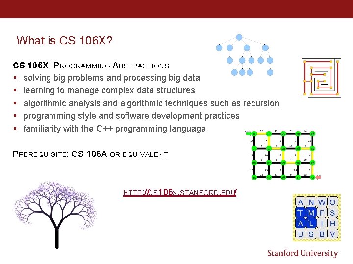 What is CS 106 X? CS 106 X: PROGRAMMING ABSTRACTIONS § solving big problems What is CS 106 X? CS 106 X: PROGRAMMING ABSTRACTIONS § solving big problems