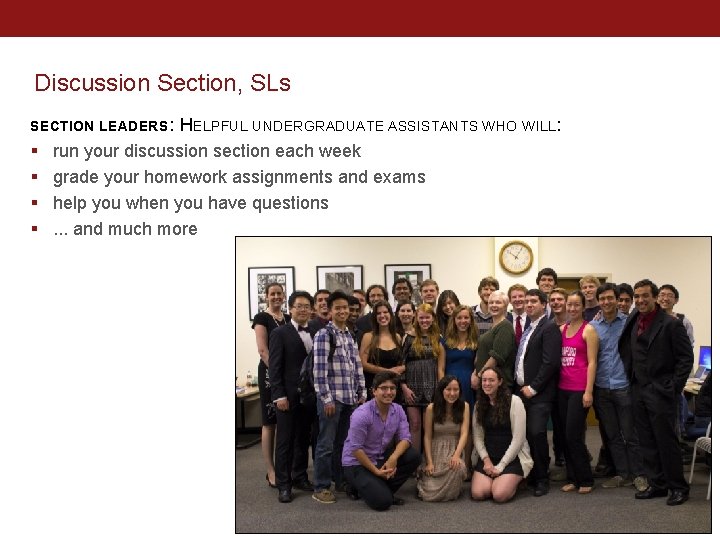 Discussion Section, SLs SECTION LEADERS : § § HELPFUL UNDERGRADUATE ASSISTANTS WHO WILL: run Discussion Section, SLs SECTION LEADERS : § § HELPFUL UNDERGRADUATE ASSISTANTS WHO WILL: run