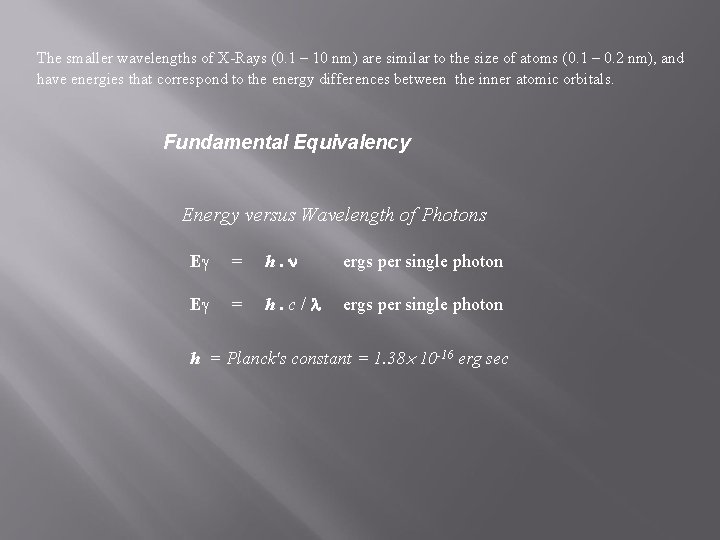 The smaller wavelengths of X-Rays (0. 1 – 10 nm) are similar to the