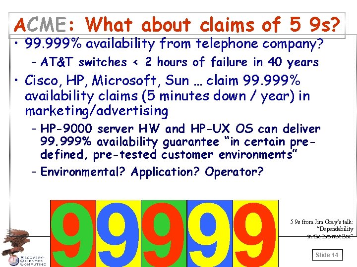 ACME: What about claims of 5 9 s? • 99. 999% availability from telephone