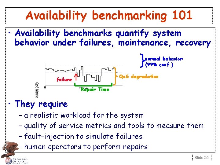 Availability benchmarking 101 • Availability benchmarks quantify system behavior under failures, maintenance, recovery normal
