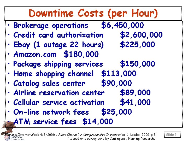 Downtime Costs (per Hour) • • • Brokerage operations $6, 450, 000 Credit card