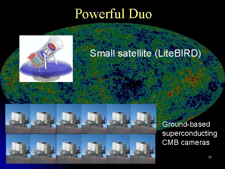 Powerful Duo Small satellite (Lite. BIRD) Ground-based superconducting CMB cameras 15 