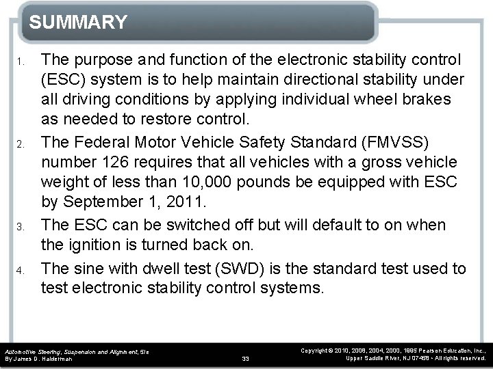 SUMMARY 1. 2. 3. 4. The purpose and function of the electronic stability control