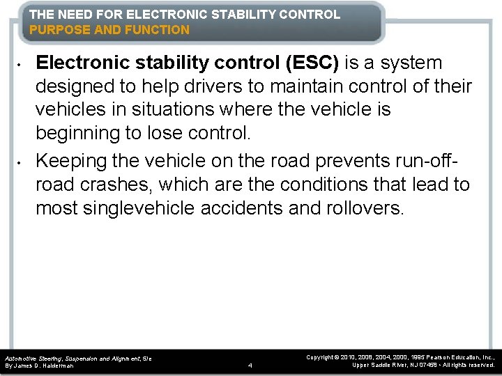 THE NEED FOR ELECTRONIC STABILITY CONTROL PURPOSE AND FUNCTION • • Electronic stability control