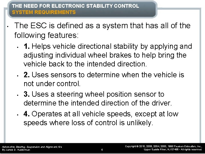 THE NEED FOR ELECTRONIC STABILITY CONTROL SYSTEM REQUIREMENTS • The ESC is defined as