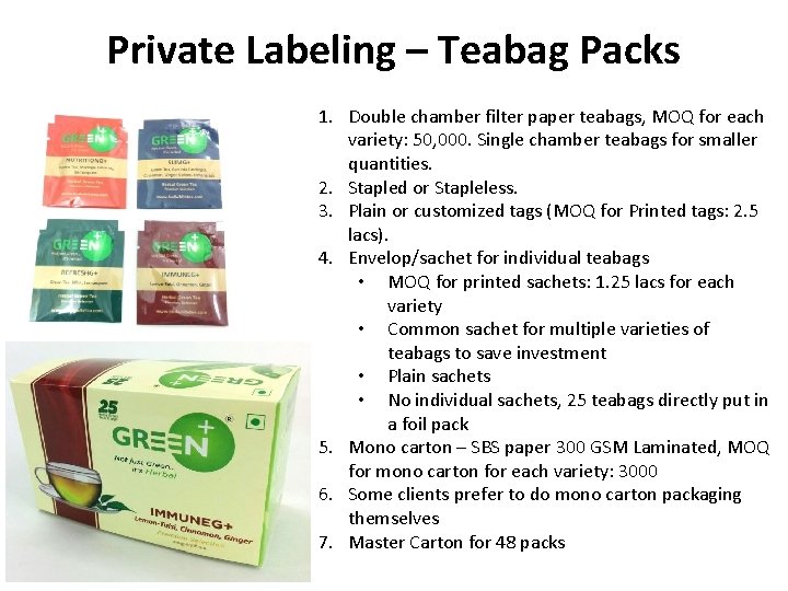 Private Labeling – Teabag Packs 1. Double chamber filter paper teabags, MOQ for each