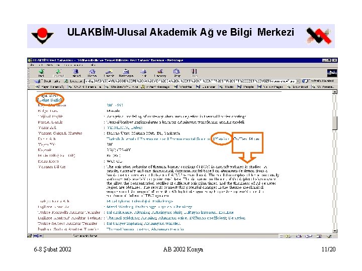 ULAKBİM-Ulusal Akademik Ağ ve Bilgi Merkezi 6 -8 Şubat 2002 AB 2002 Konya 11/20