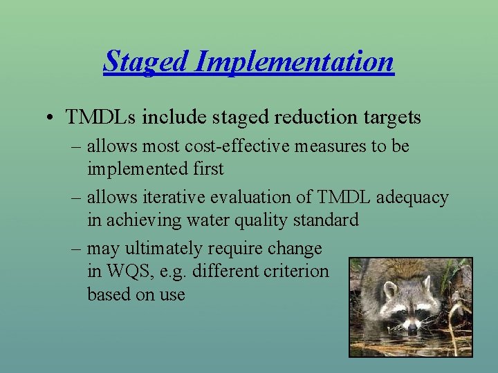 Staged Implementation • TMDLs include staged reduction targets – allows most cost-effective measures to