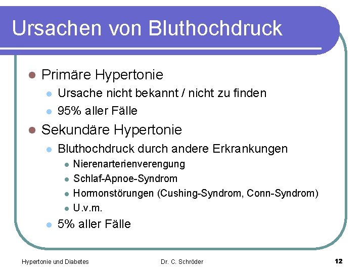 Ursachen von Bluthochdruck l Primäre Hypertonie l l l Ursache nicht bekannt / nicht
