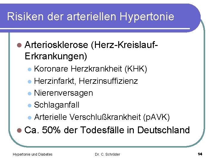 Risiken der arteriellen Hypertonie l Arteriosklerose (Herz-Kreislauf- Erkrankungen) Koronare Herzkrankheit (KHK) l Herzinfarkt, Herzinsuffizienz