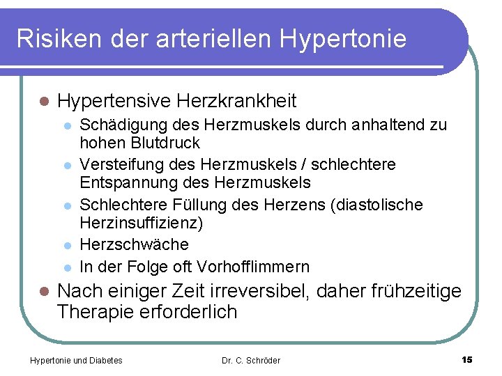 Risiken der arteriellen Hypertonie l Hypertensive Herzkrankheit l l l Schädigung des Herzmuskels durch