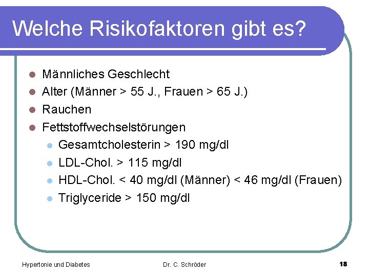 Welche Risikofaktoren gibt es? Männliches Geschlecht l Alter (Männer > 55 J. , Frauen