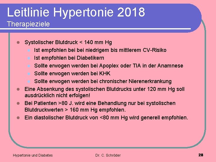 Leitlinie Hypertonie 2018 Therapieziele Systolischer Blutdruck < 140 mm Hg l Ist empfohlen bei