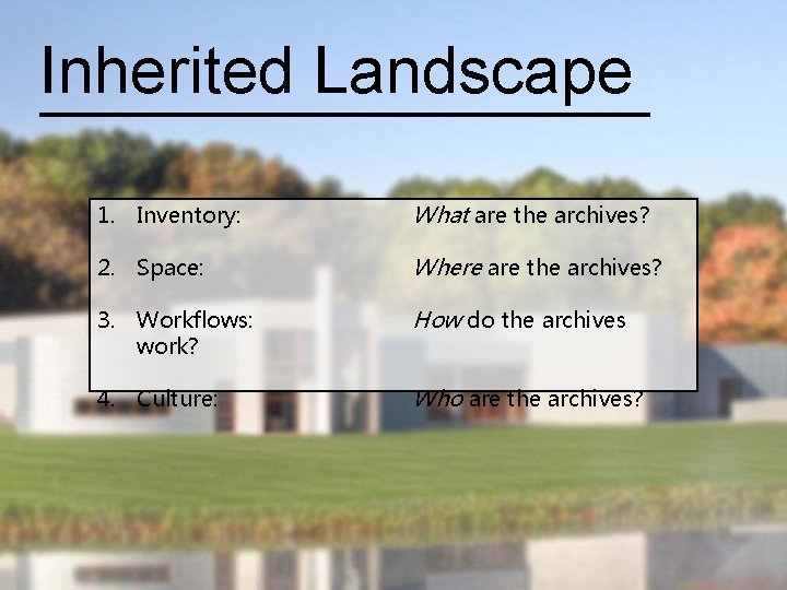 Inherited Landscape 1. Inventory: What are the archives? 2. Space: Where are the archives?