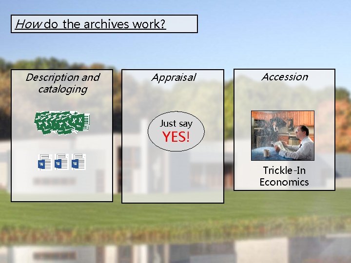 How do the archives work? Description and cataloging Appraisal Accession Just say YES! Trickle-In